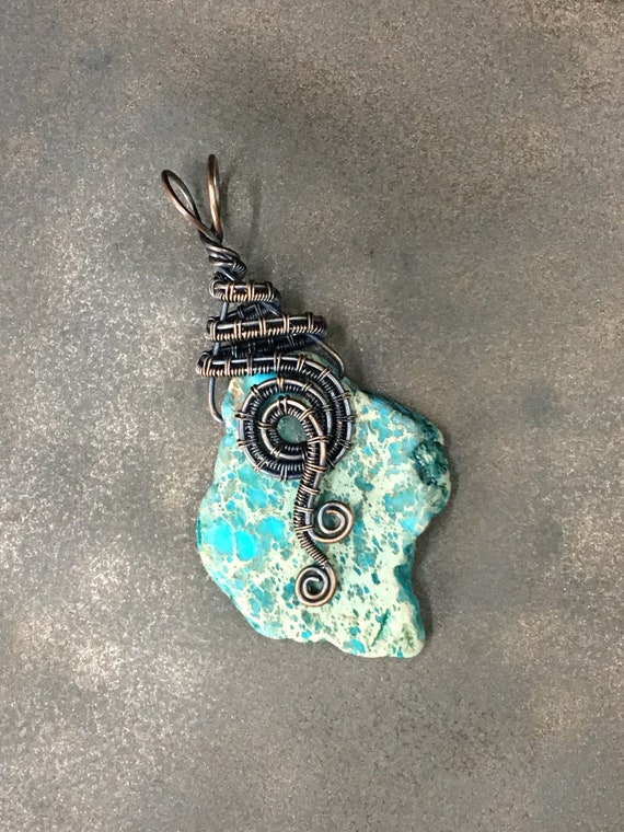 Antiqued Bare Copper Wire Wrapped Pendant Earrings Set with Freeform Turquoise Blue Imperial Jasper
