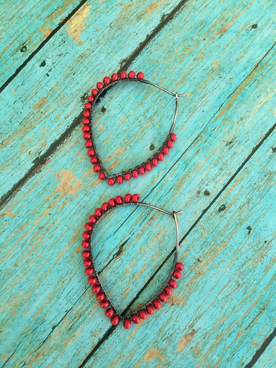 OOAK Boho Petal Hoop Red Beaded Earrings