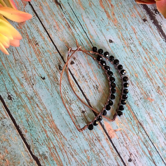 Boho Black Beaded Petal Hoop Earrings
