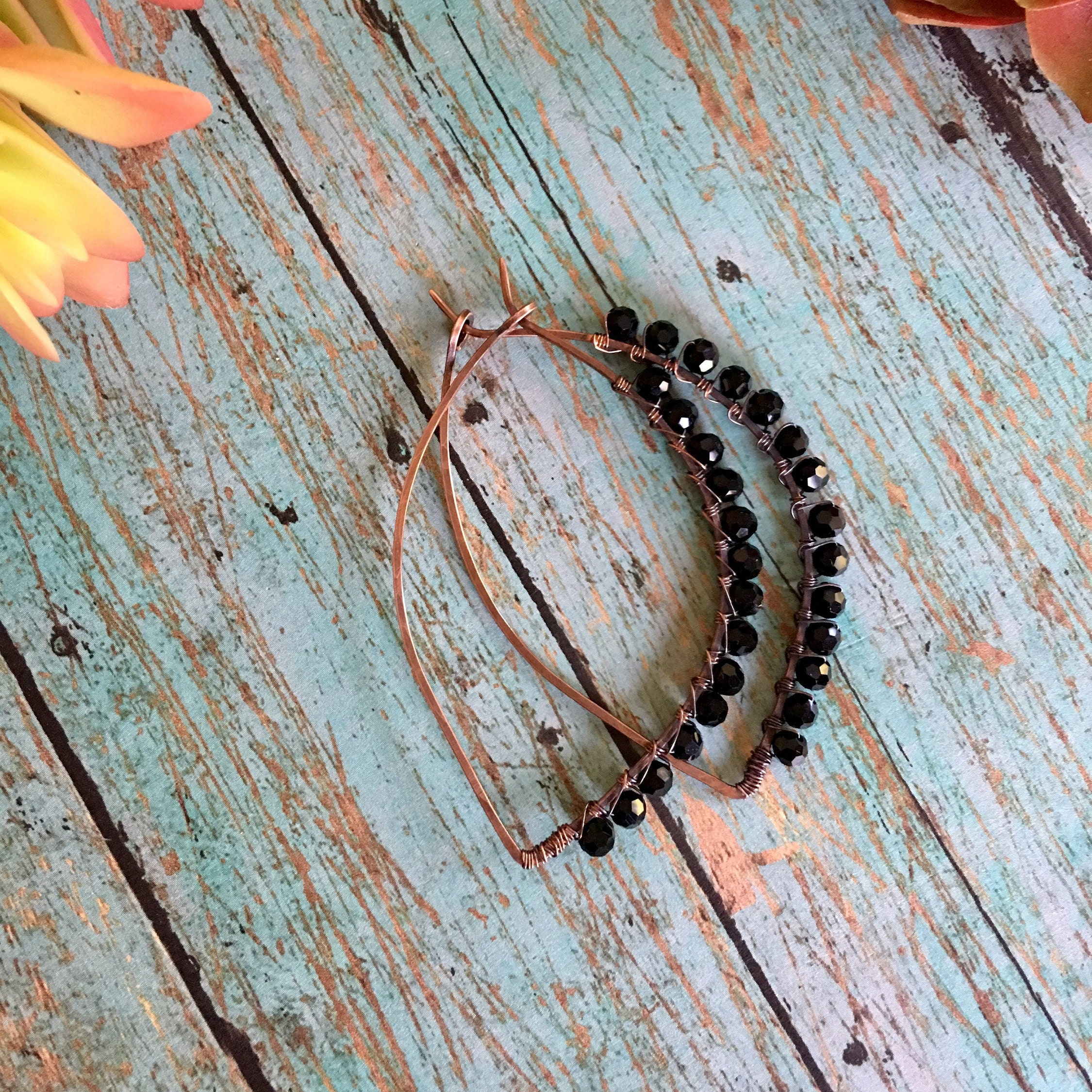 Boho Black Beaded Petal Hoop Earrings