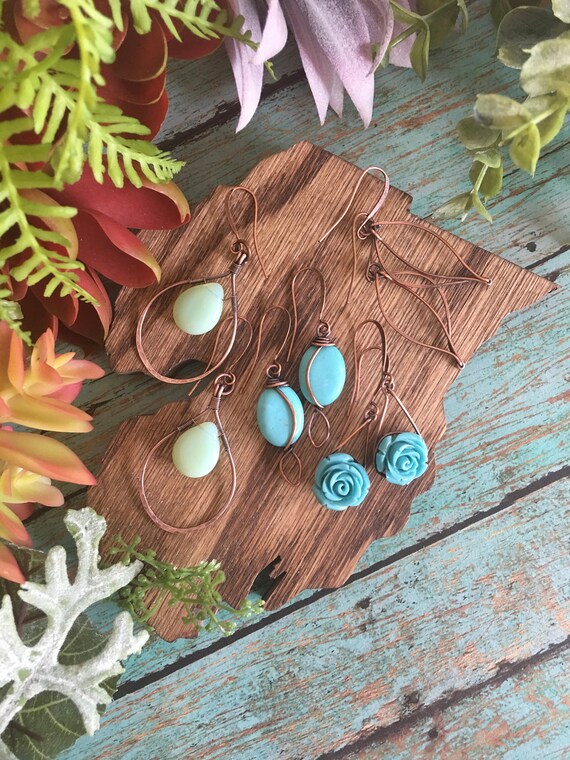 OOAK Antiqued Bare Copper Wire Wrapped Pendant Earrings Set with Turquoise Blue Howlite