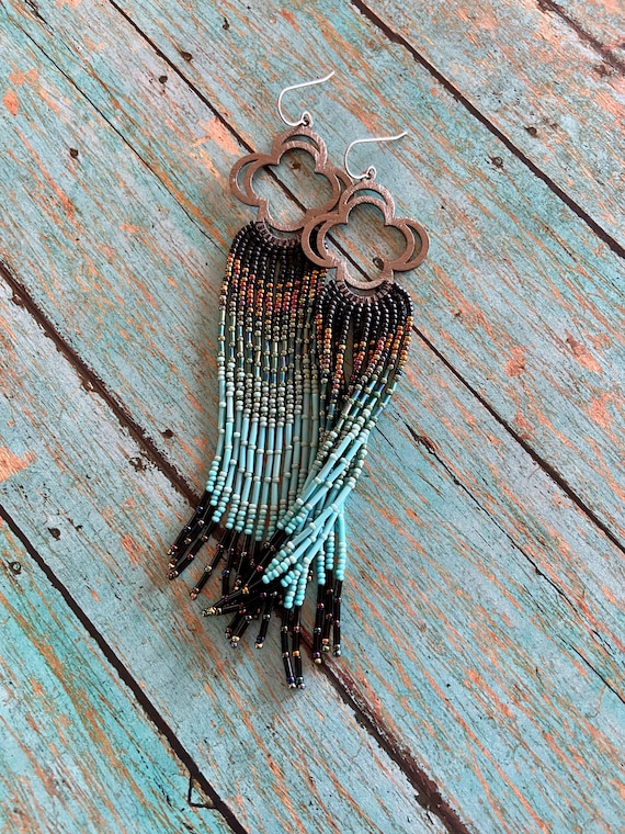 Long Bohemian  Seed Beaded Fringe Lightweight Multicolored Shoulder Dusters Native American Inspired Gypsy Boho Hippie Chic Beaded Earrings