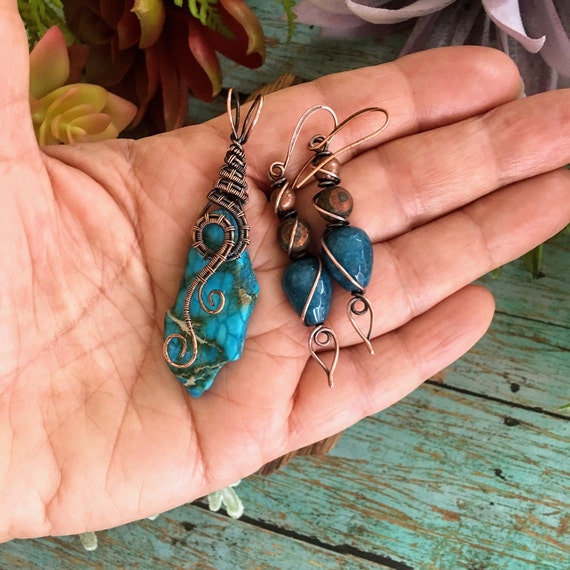 OOAK Antiqued Pure Copper Wire Wrapped Pendant Earrings Set with Freeform Turquoise Blue Imperial Jasper