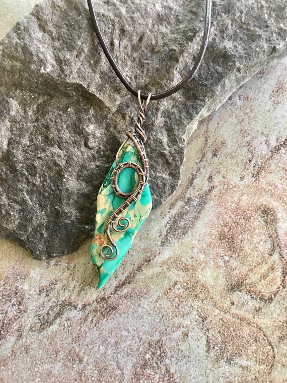 OOAK Antiqued Bare Copper Wire Wrapped Pendant with Freeform Turquoise Blue Imperial Jasper