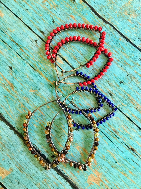 OOAK Boho Petal Hoop Earth Tone Beaded Earrings
