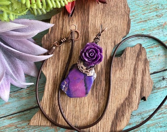 Purple Flower Boho Pendant|Antiqued Copper Wire Wrapped Artisan Pendant|Boho Hippie Purple Flower Jasper Necklace