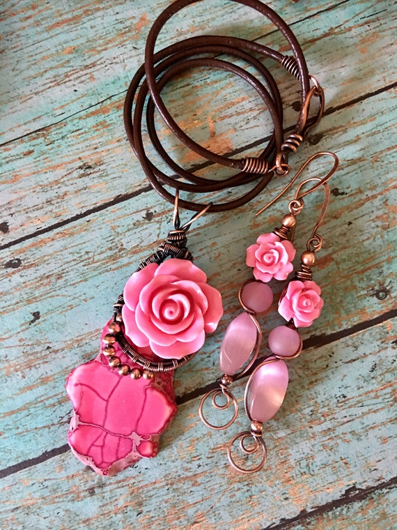 Antiqued Bare Copper Wire Wrapped Pendant with Freeform Turquoise Pink Imperial Jasper