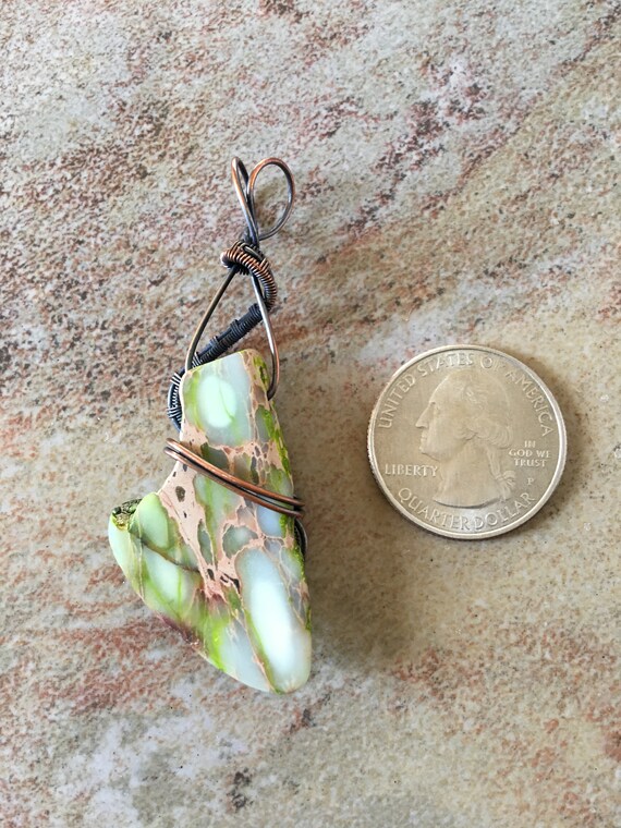 Antiqued Bare Copper Wire Wrapped Pendant with Freeform Apple Green Imperial Jasper