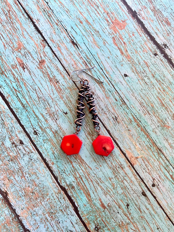 Copper Red Coral Earrings