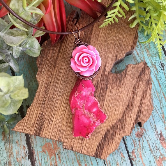 Antiqued Bare Copper Wire Wrapped Pendant with Freeform Turquoise Pink Imperial Jasper