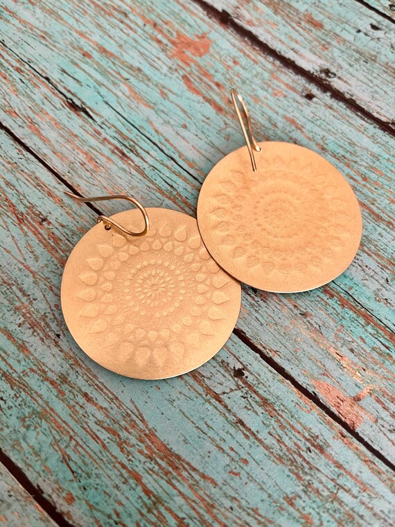 Mandala Large Round Wavy Brass Disk Earrings