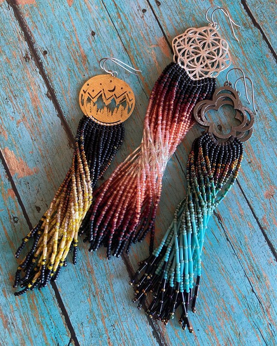 Long Bohemian Seed Beaded Fringe Lightweight Multicolored Shoulder Dusters Native American Inspired Gypsy Boho Hippie Chic Beaded Earrings