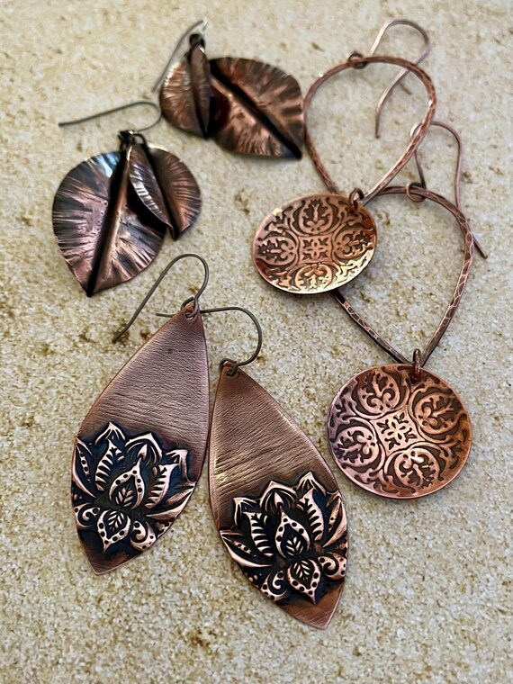 Embossed Copper Lotus Teardrop Earrings