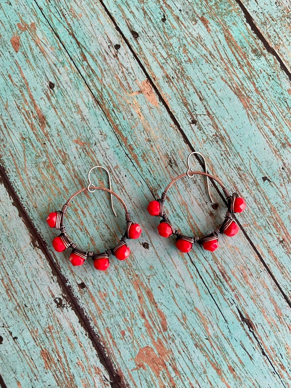 OOAK Red Beaded Wire Wrapped Copper Hoop Earrings
