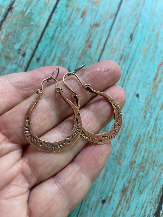 Oval Stamped Dangle Copper Hoops