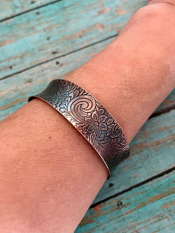 Concave Solid Copper Floral Cuff Bracelet