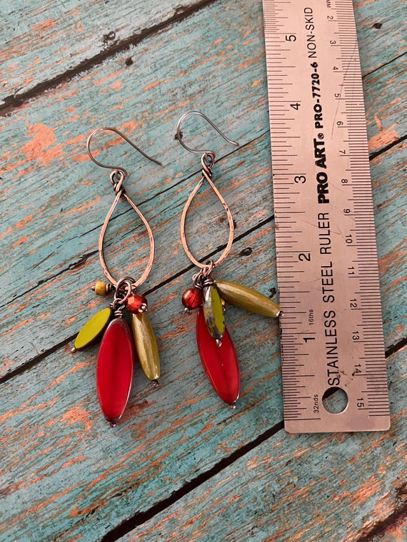 Long Rustic Hammered Copper Dangle Earrings