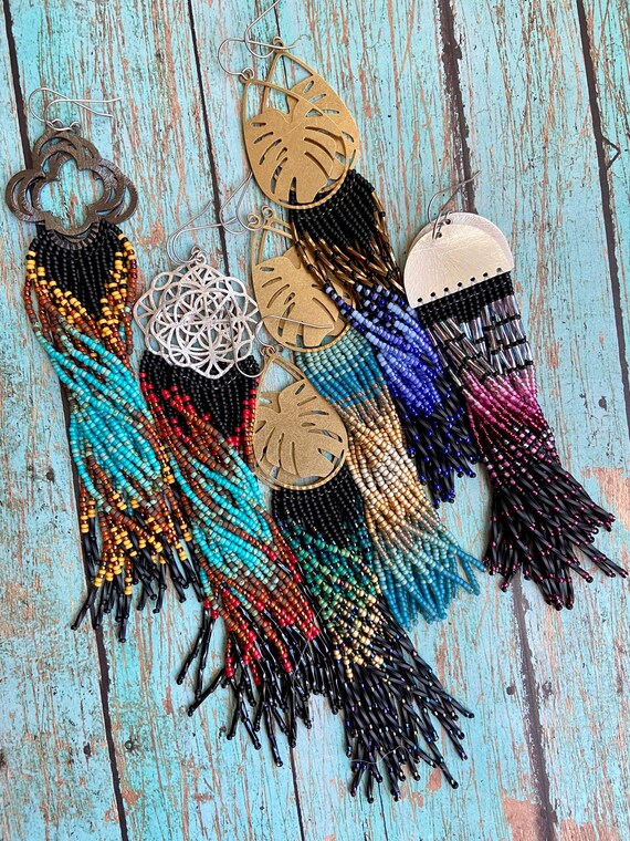 Long Bohemian Fringe Lightweight Ombre Shoulder Dusters Native American Inspired Gypsy Boho Hippie Chic Beaded Earrings