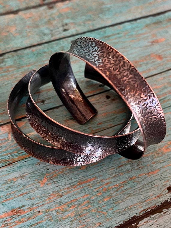 Concave Solid Copper Floral Cuff Bracelet