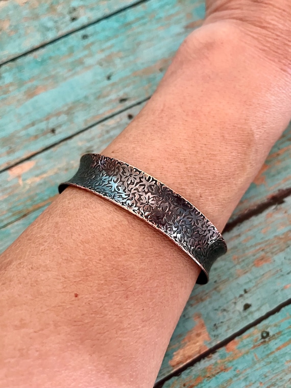 Concave Solid Copper Floral Cuff Bracelet