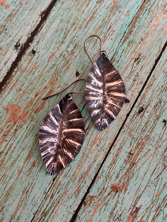 Rustic FoldFormed Copper Leaf Earrings