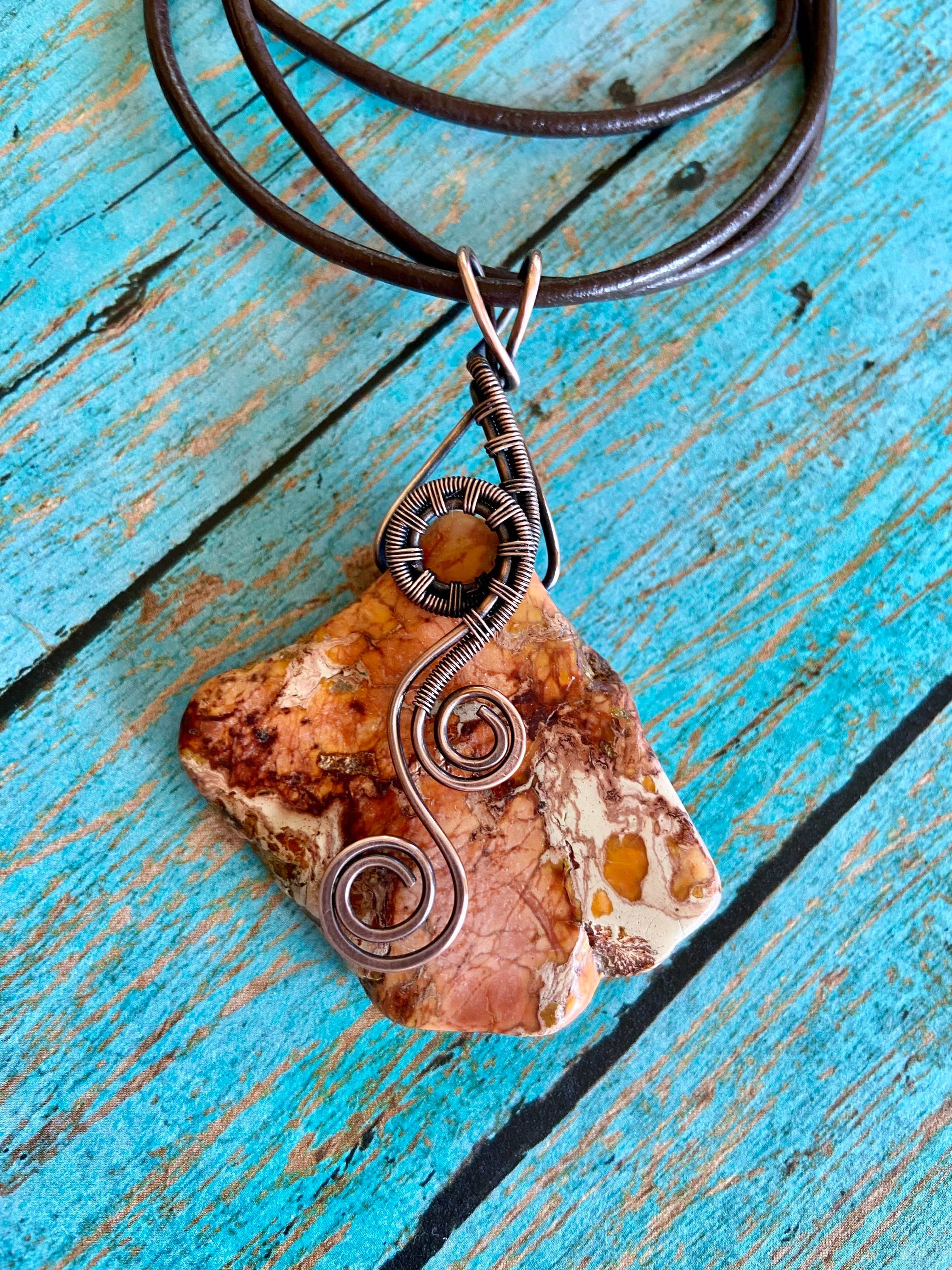 Antiqued Bare Copper Wire Wrapped Orange Imperial Jasper Freeform Pendant