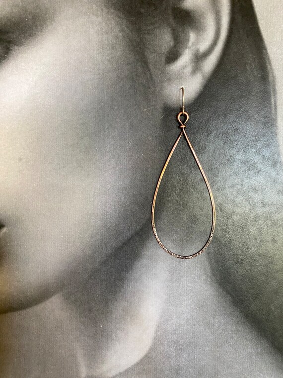 Lightweight Long Teardrop Copper Hoop Earrings