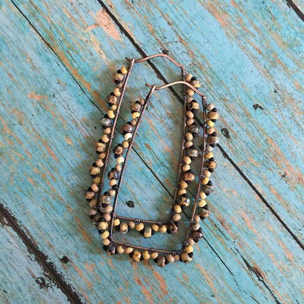 Rectangle Hoops|Oxidized Copper Earthtone Earrings|Antiqued Copper Wire Wrapped Artisan Hoops|Custom Boho Hippie Beaded Hoop Earrings