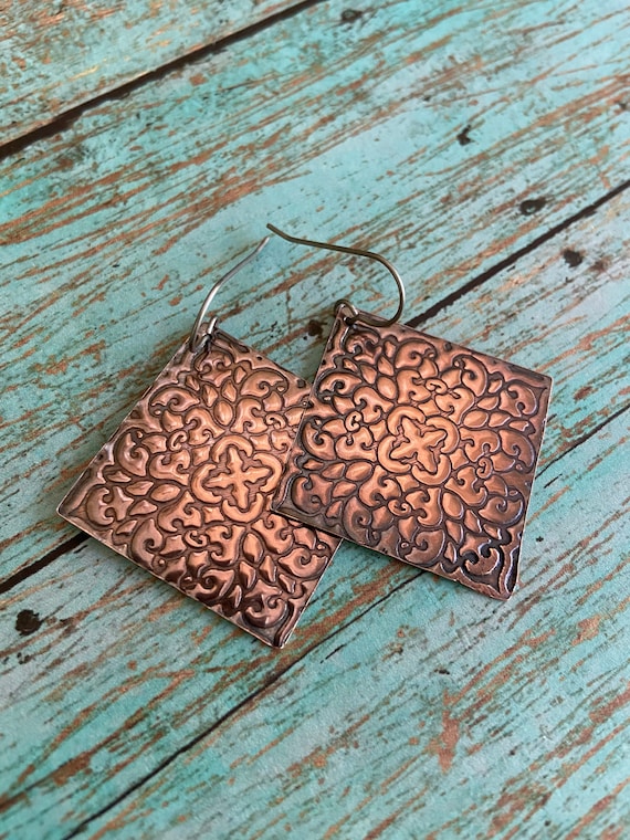 Antiqued Copper Square Embossed Earrings