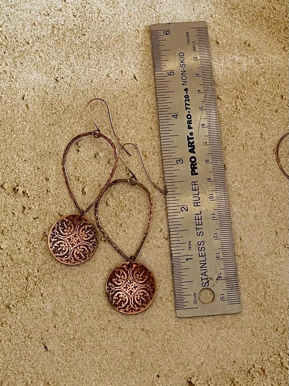 Long Boho Hammered Copper Dangle Hoop Earrings