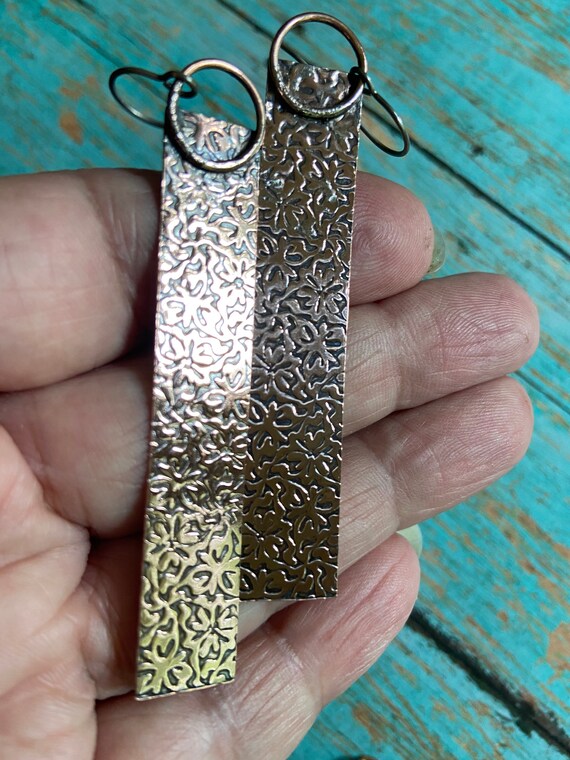 Long Rustic Textured Copper Earrings