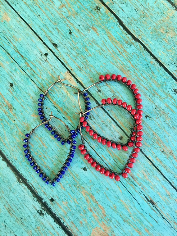 OOAK Boho Petal Hoop Red Beaded Earrings