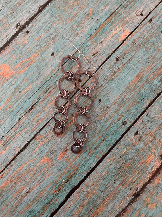 Long Rustic Hammered Copper Dangle Earrings