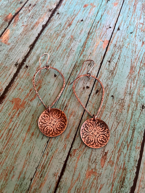 Long Boho Hammered Copper Dangle Hoop Earrings