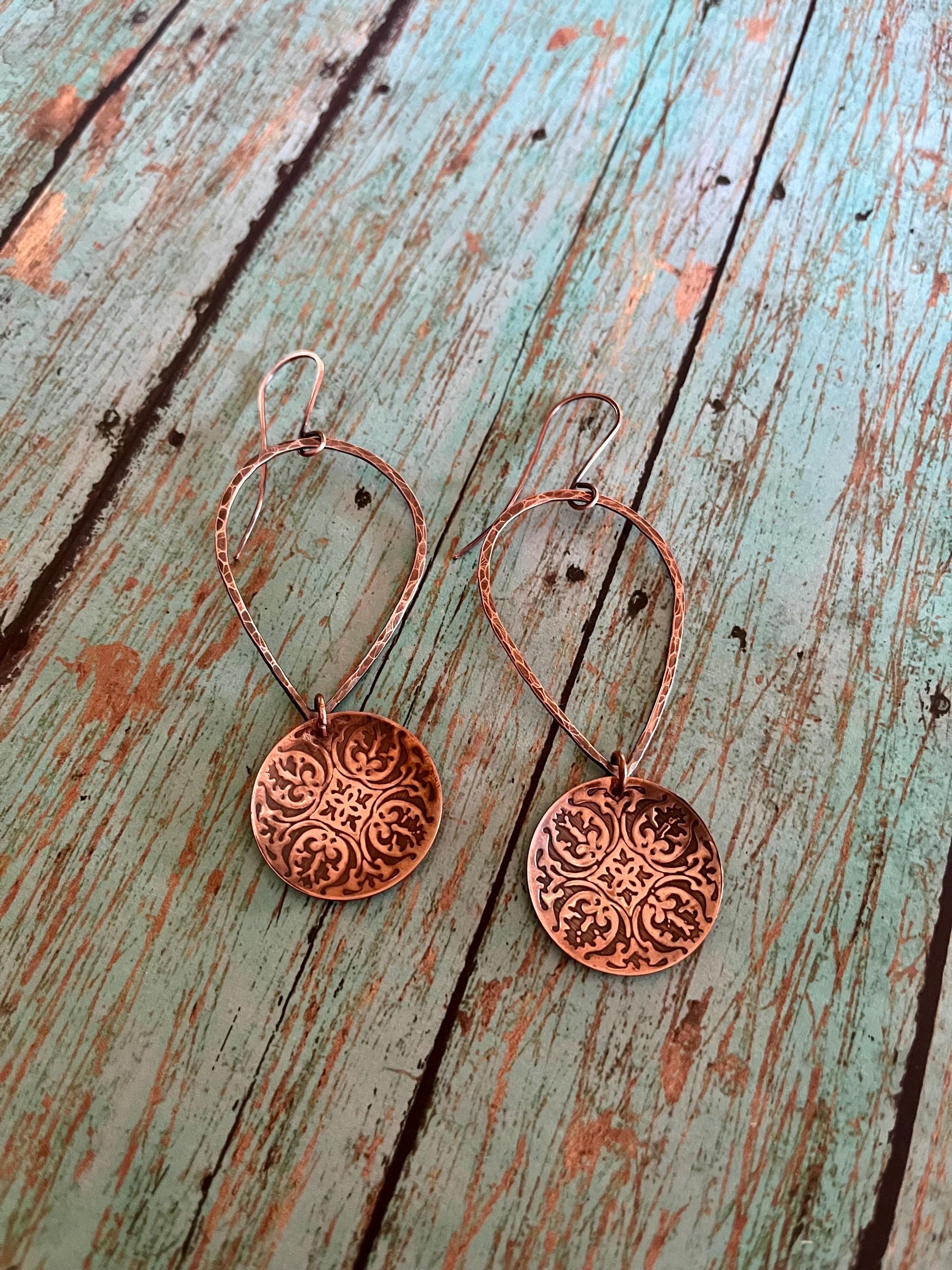 Long Boho Hammered Copper Dangle Hoop Earrings