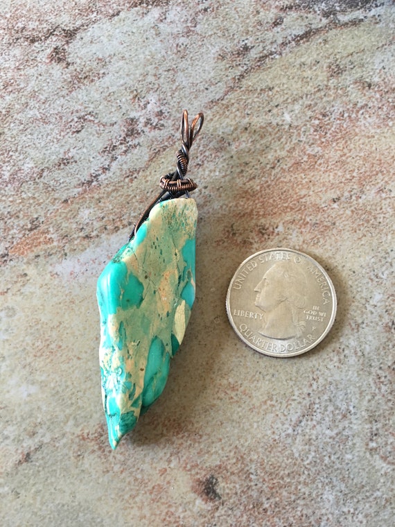 OOAK Antiqued Bare Copper Wire Wrapped Pendant with Freeform Turquoise Blue Imperial Jasper