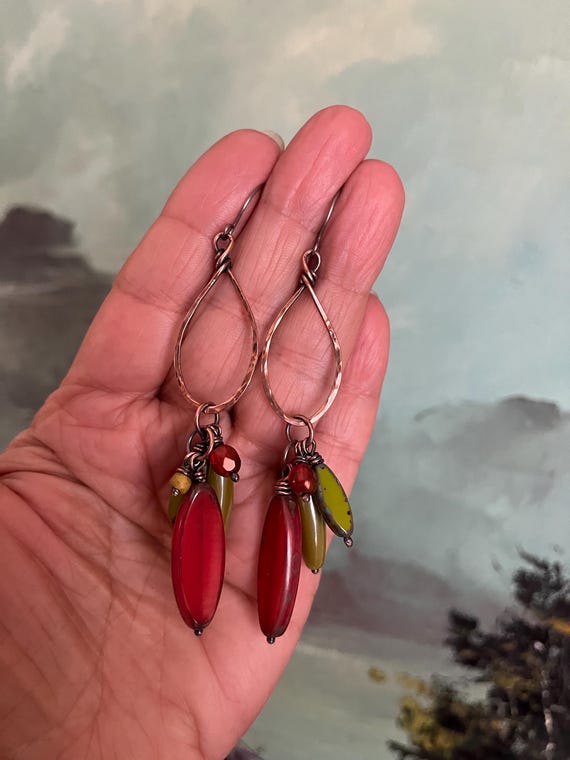 Long Rustic Hammered Copper Dangle Earrings