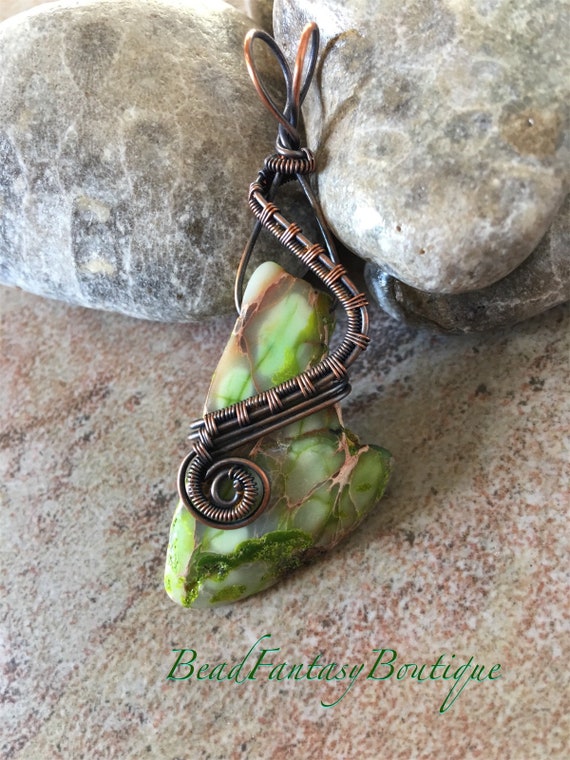 Antiqued Bare Copper Wire Wrapped Pendant with Freeform Apple Green Imperial Jasper