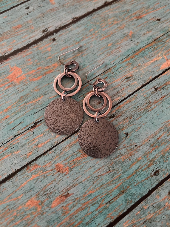 Rustic Hammered Floral Copper Dangle Earrings
