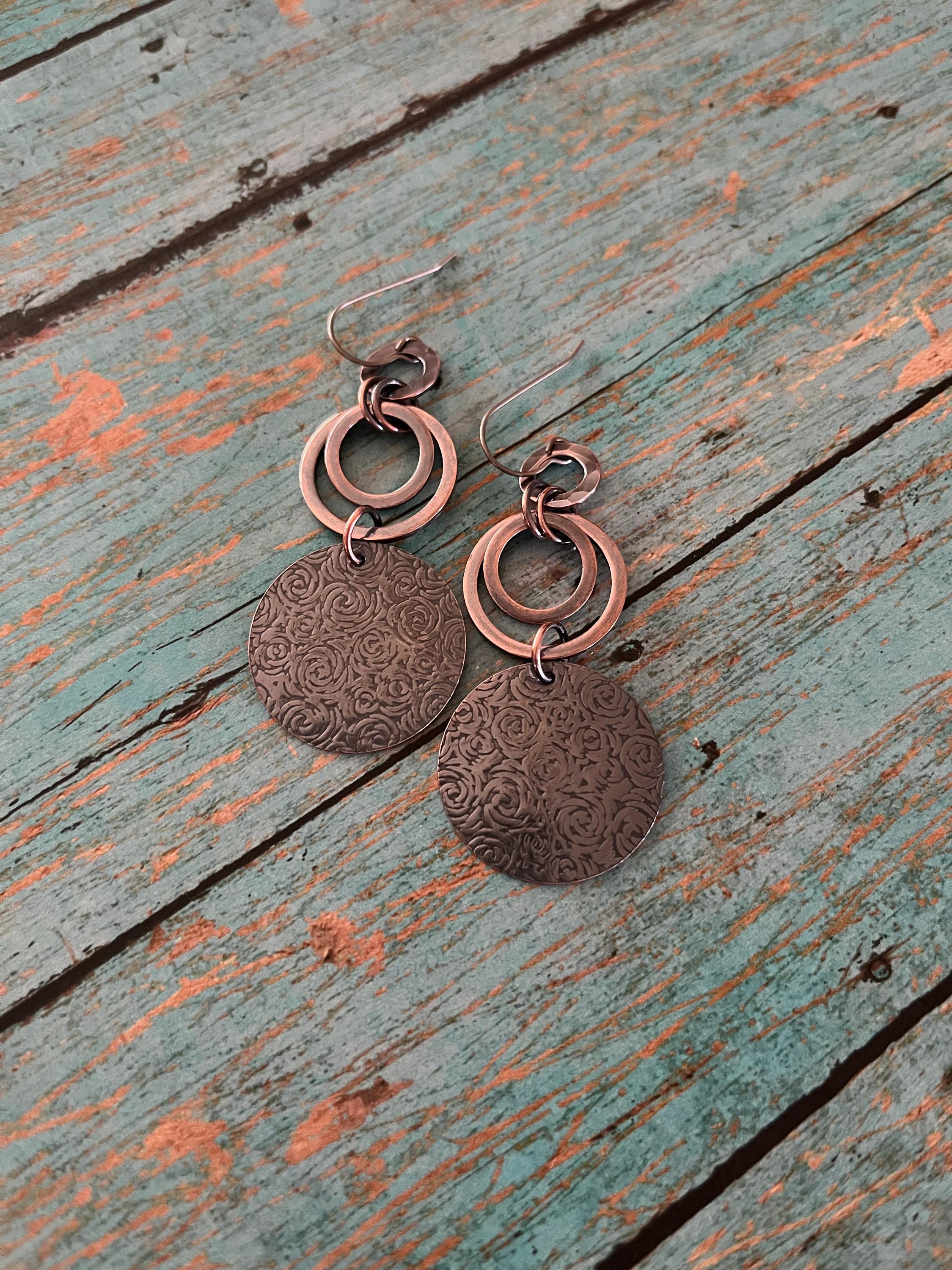 Rustic Hammered Floral Copper Dangle Earrings