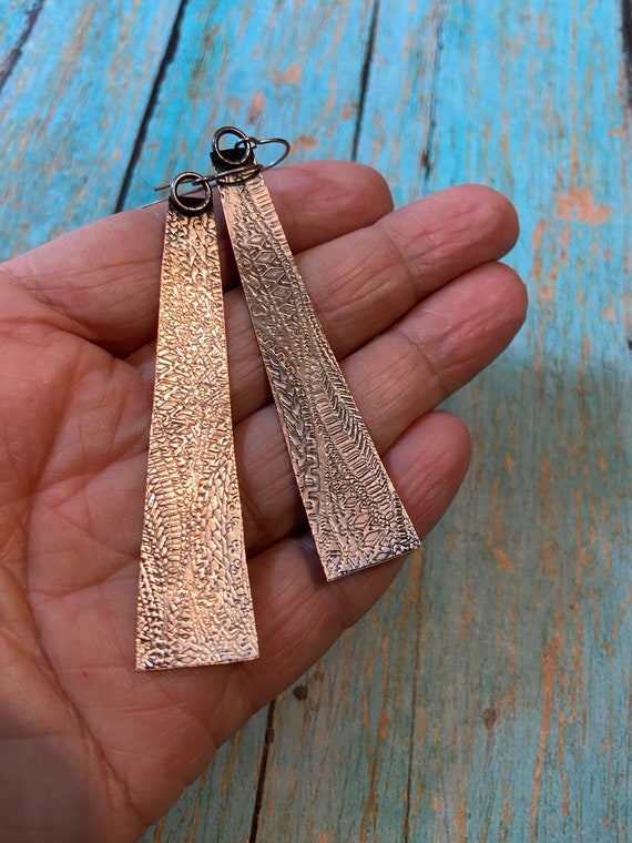 Long Rustic Textured Copper Earrings