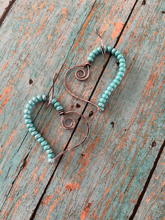 Red Beaded Heart Copper Hoop Earrings