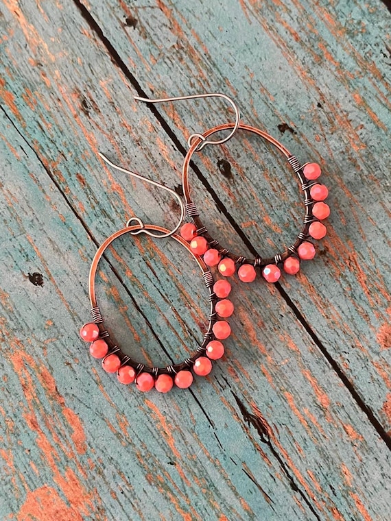 Orange Oval Beaded Wire Wrapped Copper Hoop Earrings