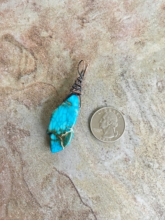 OOAK Antiqued Pure Copper Wire Wrapped Pendant Earrings Set with Freeform Turquoise Blue Imperial Jasper