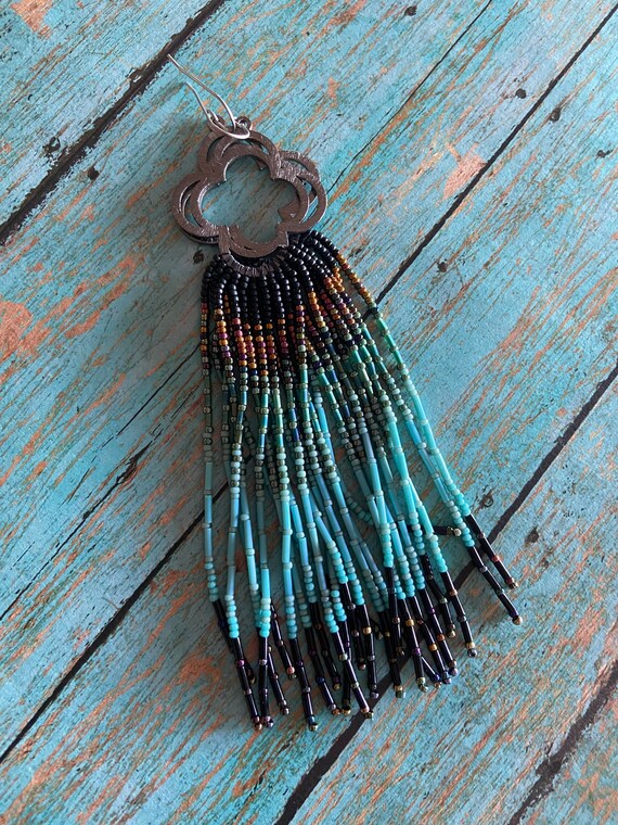 Long Bohemian Seed Beaded Fringe Lightweight Multicolored Shoulder Dusters Native American Inspired Gypsy Boho Hippie Chic Beaded Earrings