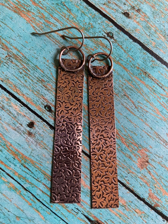 Long Rustic Textured Copper Earrings