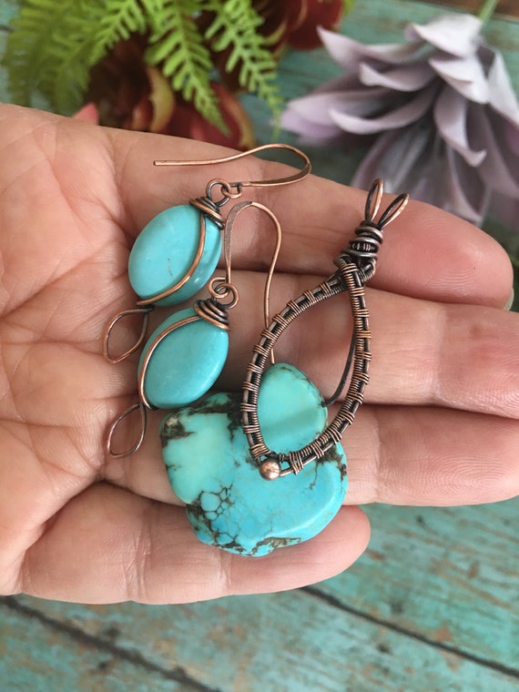 OOAK Antiqued Bare Copper Wire Wrapped Pendant Earrings Set with Turquoise Blue Howlite