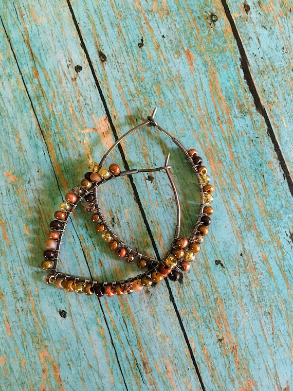 OOAK Boho Petal Hoop Earth Tone Beaded Earrings