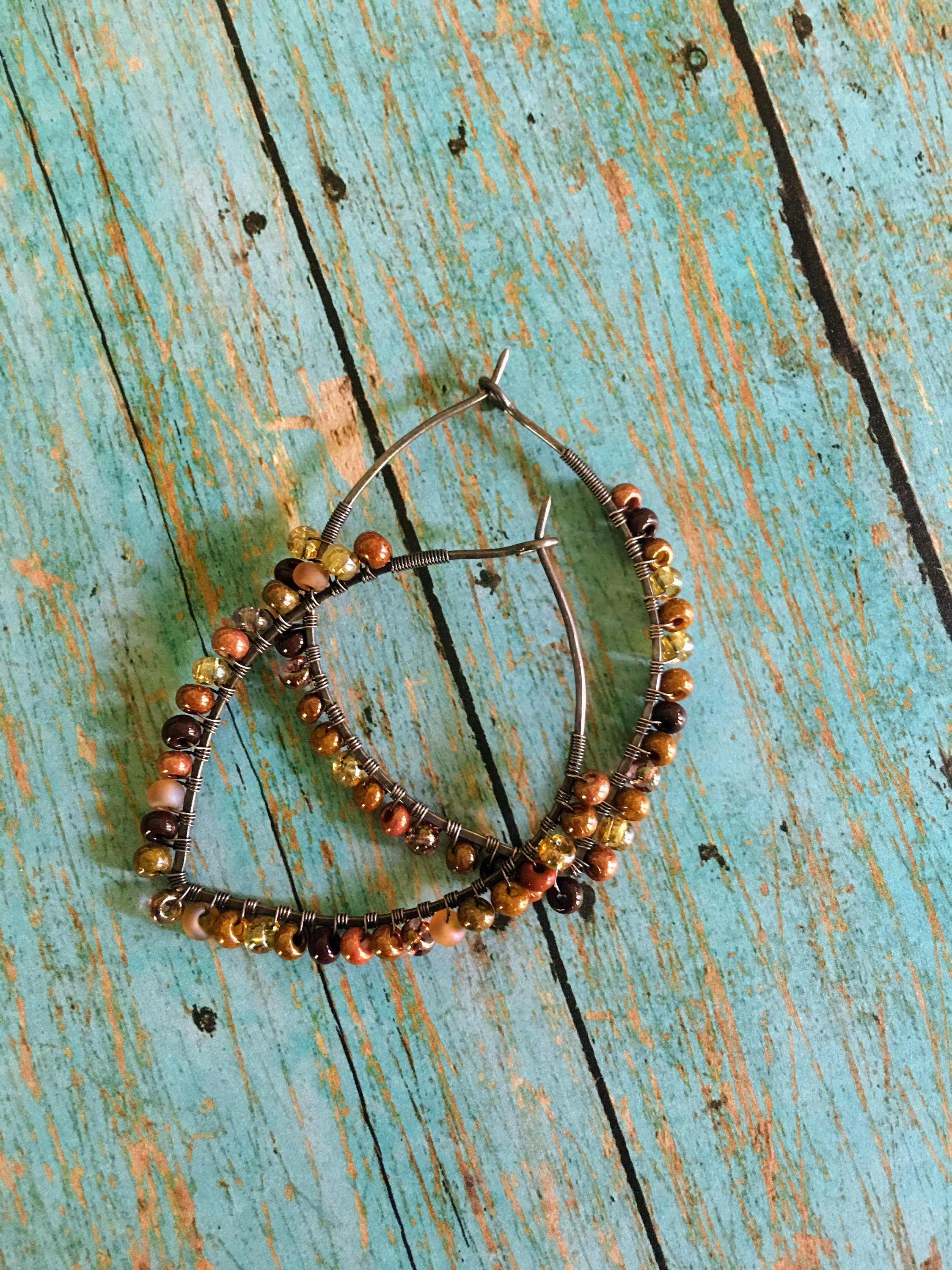 OOAK Boho Petal Hoop Earth Tone Beaded Earrings