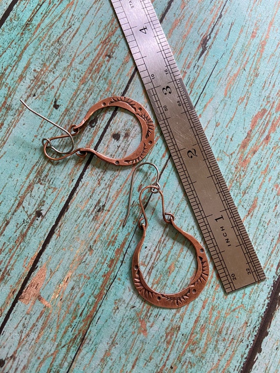 Oval Stamped Dangle Copper Hoops